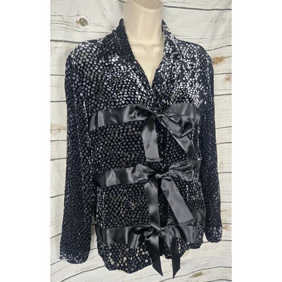 Samuel Dong Velvet Burnout Tie Front Top Womens Large Dot Print Whimsigoth Black - Picture 2 of 9